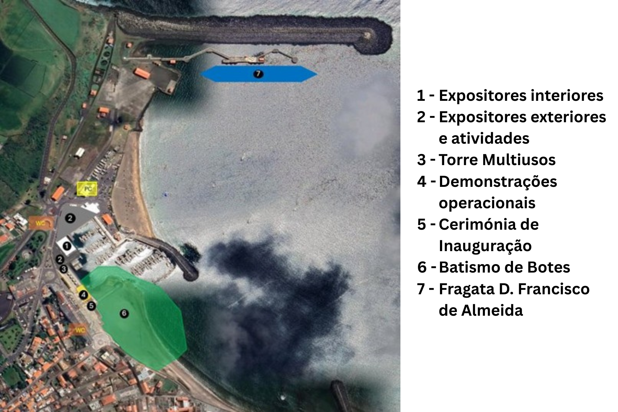 1 - Expositores interiores 2 - Expositores exteriores e atividades 3 - Torre Multiusos 4 - Demonstrações operacionais 5 - Cerimónia de Inauguração 6 - Batismo de Botes 7 - Fragata D. Francisco de.png